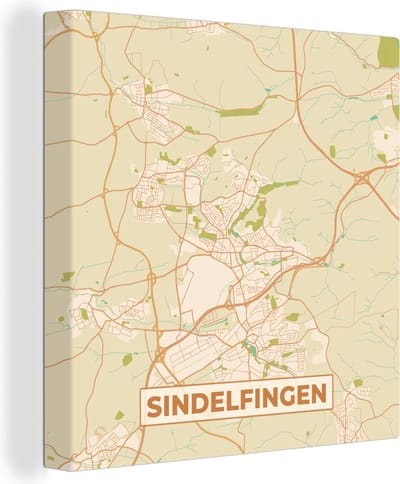 Canvas Schilderij Plattegrond - Sindelfingen - Vintage - Kaart - Stadskaart - 20x20 cm - Wanddecoratie