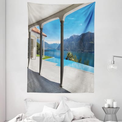 ABAKUHAUS Italië Wandtapijt, Uitzicht op de Alpen van het Lago Maggiore, Woonkamer Slaapkamer Wanddoek Zijdezacht Satijn Wandtapijt, 150 x 200 cm, Turquoise Gray en White