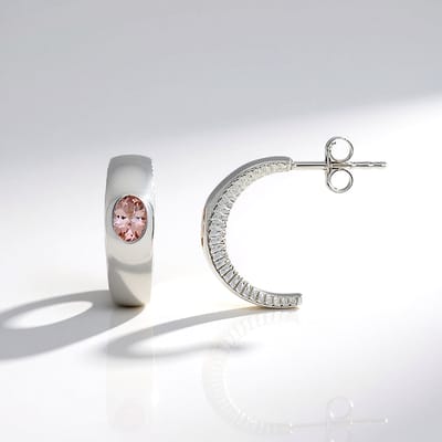Cavill - Zilveren Oorbellen 925 Sterling Platina Geplateerd - 0,65ct Roze Toermalijn Ovaal uit Madagaskar - Luxe Huggie Dames Sieraad 17mm