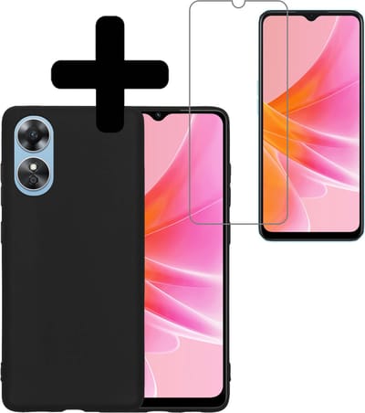 Hoesje - Met Screenprotector - Geschikt voor OPPO A17 - Sterk & Shockproof - Back Cover - Siliconen Case - Telefoon Hoes - Telefoonhoesjes - Zwart