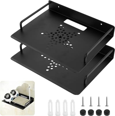2 x Aluminium Wandplank voor Projector, Multimedia, Ontvangstapparatuur en Spelconsoles - 26 x 21 cm, Zwart