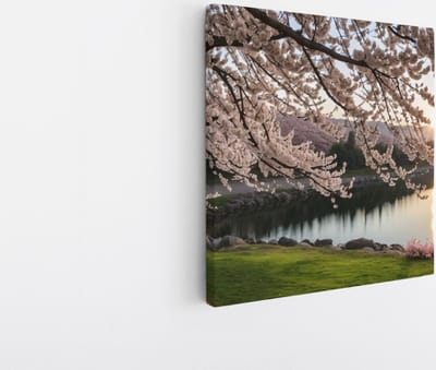 Saammp Canvas Schilderij - Roze boom met zonsopgang - Abstract - 20x20 - Foto op canvas - Wanddecoratie - Muurdecoratie Woonkamer - Kantoor Decoratie