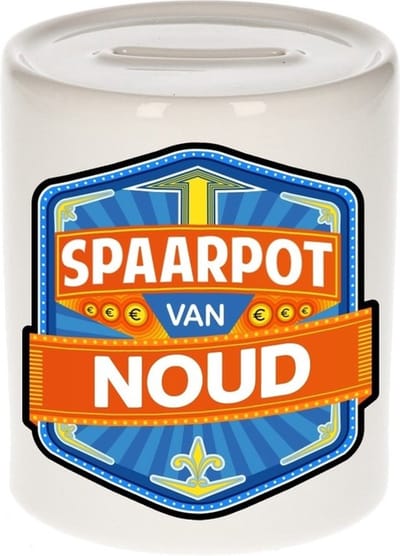 Bellatio Decorations Kinder spaarpot met naam - Noud - keramiek - met dop - wit - Sparen - Spaargeld van Noud