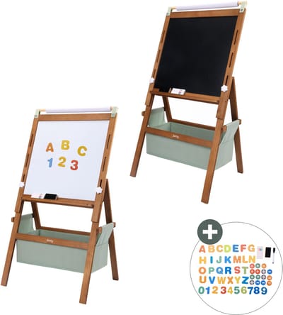 Sunny Lara Activiteiten Ezel – Verstelbare Kinder Ezeltje van Hout – Speelezel met Whiteboard & Krijtbord – Magnetisch Bord – Inclusief Papierrol, Magneten, Krijtjes, Markeerders en Eraser – Educatief Speelgoed