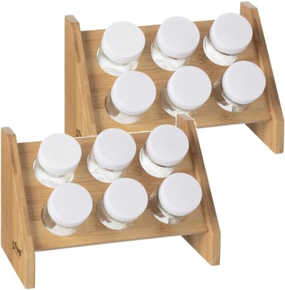 Set van 2x stuks kruidenrekje met 6 kruidenpotjes 21,5 cm van bamboe - Keukenkruiden potjes - Kruiden bewaren