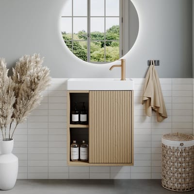 46 cm, hangend, met wastafel, ruimtebesparend gastentoilet met geribbelde softclose-deur en open plank, Scandinavische stijl, goudkleurig zand