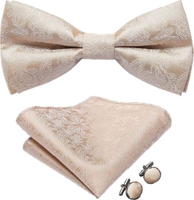 Sorprese Vlinderdas Set - Inclusief Pochet en Manchetknopen - 100% Zijde - Paisley Beige - Luxe Heren Accessoireset - Strik - Vlinderstrik