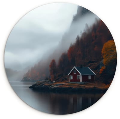 WallCircle® Wandcirkel 120x120 cm - Muurcirkel Huis - Rood - Bergen - Water - Muurdecoratie woonkamer - Wanddecoratie slaapkamer - Kamer decoratie accessoires - Ronde schilderijen XXL