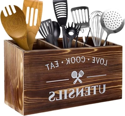 Houten keukengerei houder, organiser met 3 vakken, grote caddy voor keukenaccessoires en werkblad.