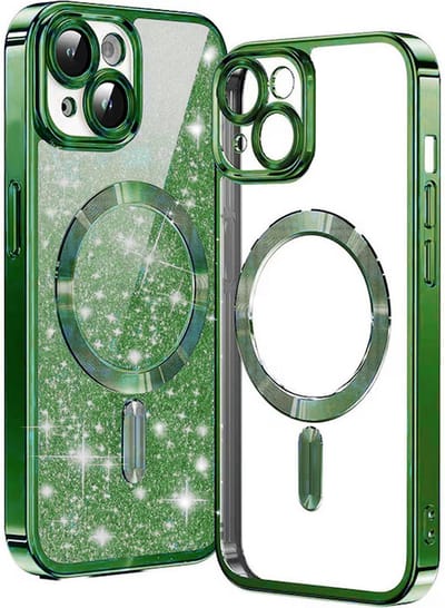 Hoesje geschikt voor Apple iPhone 14 Plus - Techsuit Luxury Glitter Back Cover - Geschikt voor MagSafe - Donkergroen