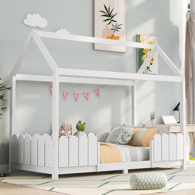 HAUSS SPOLE Kinderbed 90x200 cm - Eenpersoonsbed Met Huisvorm En Lattenbodem - Huisbed van stevig Grenenhout - Wit (Geen Matras)