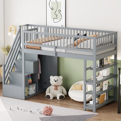 Wishdor – Hoogslaper 90x200 cm – Met Kledingkast, Planken & Veiligheidsladder – Alles-in-één – Massief Hout – Grijs