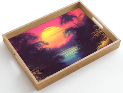 Dienblad hout 50x35 cm - Schootdienblad - Zon - Geel - Palmbomen - Tropisch - Borrelplank rechthoek - Plateau dienbladen