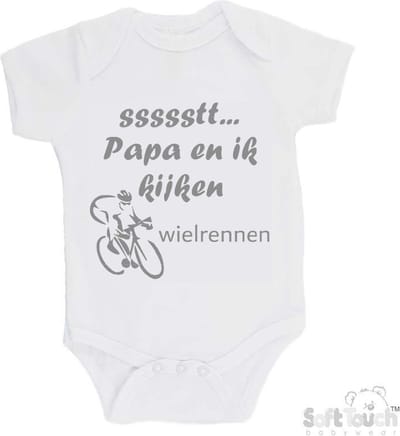 100% katoenen Romper "ssssstt... Papa en ik kijken wielrennen" Unisex Katoen Wit/grijs Maat 56/62