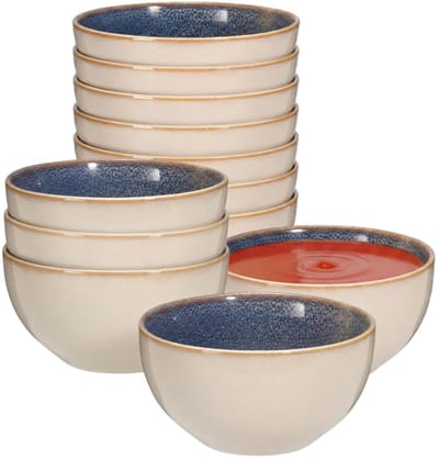 Excellent Houseware Soepkom Kenji - set van 12x - blauw - 14 x 7 cm - keramiek - schaaltjes - 580 ml