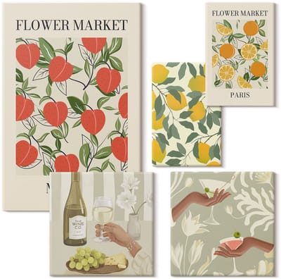 Wallfluent Set van canvas schilderijen - Vintage fruit- en bloemenmarkten uit Europese steden Canvas Schilderijen Set - Set van 5 Canvas Schilderijen - Beige Set van Canvas Prints - Natuur Canvas Kunst Set - Boheemse Canvas Kunst Set
