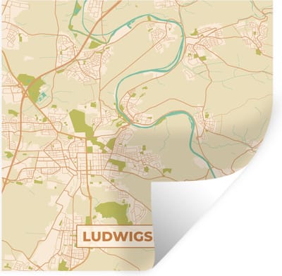 Muurstickers - Sticker Folie - Kaart - Ludwigsburg - Plattegrond - Stadskaart - Vintage - 100x100 cm - Plakfolie - Muurstickers Kinderkamer - Zelfklevend Behang XXL - Zelfklevend behangpapier - Stickerfolie