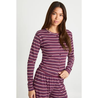 boohoo Dames Gestreepte Top met doorlopende knoopsluiting op lange mouwen | Burgundy | Maat: 6