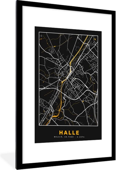 Fotolijst incl. Poster - Halle - Kaart - Plattegrond - Black en gold - Stadskaart - 60x90 cm - Posterlijst
