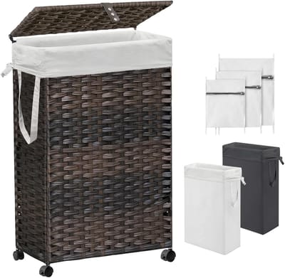Slanke 70L wasmand met deksel en wielen - Handgeweven rotan wassorteerder met afneembare voeringzakken
