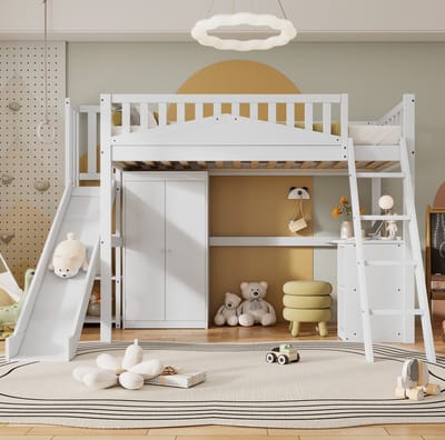 MEUNIQ Hoogslaper kinderbed 90x200 cm met glijbaan, vierstaps ladder, bureau, kleiderschrank en uitvalbeveiliging voor kinderkamer, wit