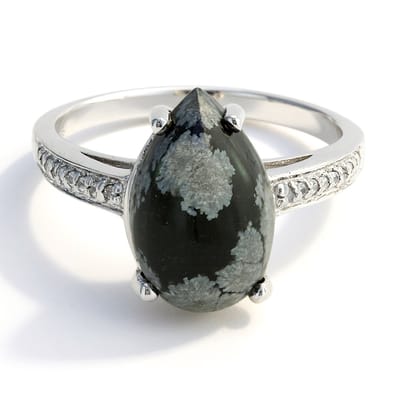 Cavill - Ring 925 Sterling Zilver - 4,27 ct Peervormige Zwarte Sneeuwvlok Obsidiaan - 0,13 ct Pave Zirconia - Elegante Edelstenen