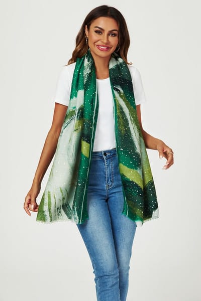 Goudfolie Abstract Penseel Print Gefranjerde randen Sjaal in Groen