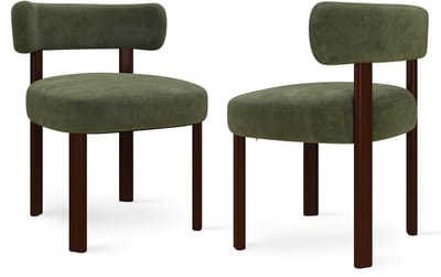 COLAMY Houten eetkamerstoelen - set van 2 - stoffen stoelen voor de eetkamer - open gebogen rugleuning - dik zitkussen - gestoffeerde keukenstoel - antislipzolen - groen
