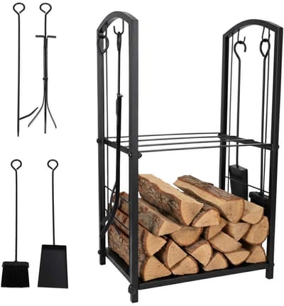 MOZY® - Houtrek - Zwart - tot 20 kg - Inclusief Accessoires - met Poedercoating - 74 x 40 x 30 cm - voor Binnen en Buiten - Haardrek - Houtstandaard - Houtmand