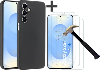 Hoesje geschikt voor Samsung Galaxy S25 Plus hoesje zacht siliconen met 3 Stuks gehard glas Screenprotectors- Arara backcover - Zwart