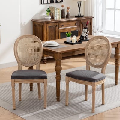 Clruro Franse Stijl Eetkamerstoelen - Set van 2 - Massief Houten Frame - Linnen Stof & Rattan Rug - Grijs