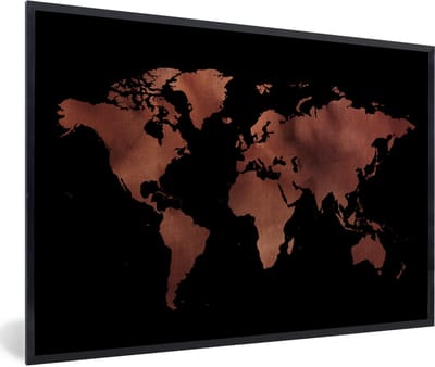 Poster in lijst - Fotolijst 90x60 cm - Posters - Wereldkaart - Zwart - Rood - Posterlijst zwart - Decoratie - Wanddecoratie woonkamer - Muurdecoratie slaapkamer