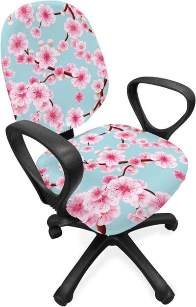 ABAKUHAUS Cherry Blossom bureaustoel met overtrek, Inspirational Garden, decoratieve beschermhoes van rekstof, lichtblauw redwood roze