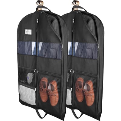 Kledinghoezen voor op reis, Hangende kledinghoezen voor heren, Dubbelzijdige rits & Grote mesh zakken, Monogrammeerde kledingopslag voor in de kast black