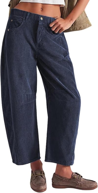 Vintage Corduroy Broek voor Dames met Elastische Taille en Brede Pijpen