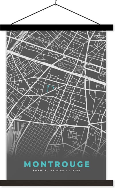 Posterhanger incl. Poster 40x60 cm - Schoolplaat - Montrouge - Frankrijk - Plattegrond - Kaart - Stadskaart - Textielposter - Zwarte latten - Stadskaart
