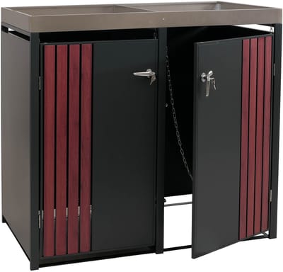 Afvalbakbekleding voor 2 bakken MCW-O67, afvalbakbox met plantenbak, metaal 125x132x84cm 55kg ~ antraciet houtlook donker