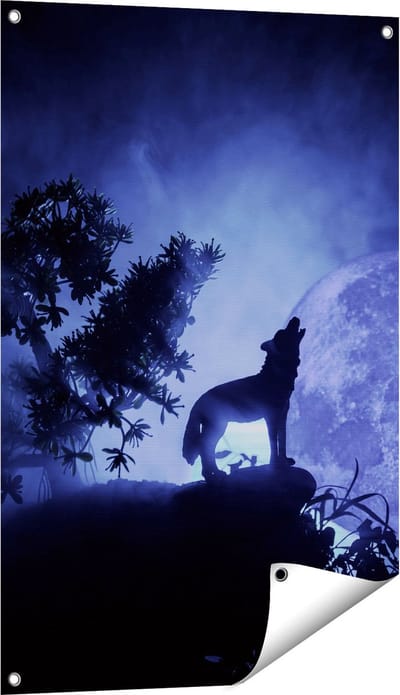 Gards Tuinposter Huilende Wolf in Silhouet bij Volle Maan - 60x90 cm - Tuindoek - Tuindecoratie - Wanddecoratie buiten - Tuinschilderij