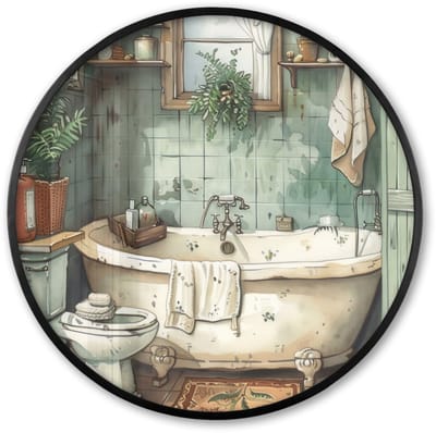 Poster in lijst Rond - Fotolijst 60x60 cm - Posters - Vintage - Badkuip - Badkamer - Illustratie - Ronde posterlijst zwart - Decoratie - Wanddecoratie woonkamer - Muurdecoratie slaapkamer