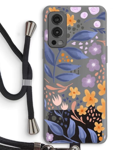 Case Company® - Hoesje met koord geschikt voor OnePlus Nord 2 5G hoesje met Koord - Flowers with blue leaves - Telefoonhoesje met Zwart Koord - Bescherming aan alle Kanten en Over de Schermrand