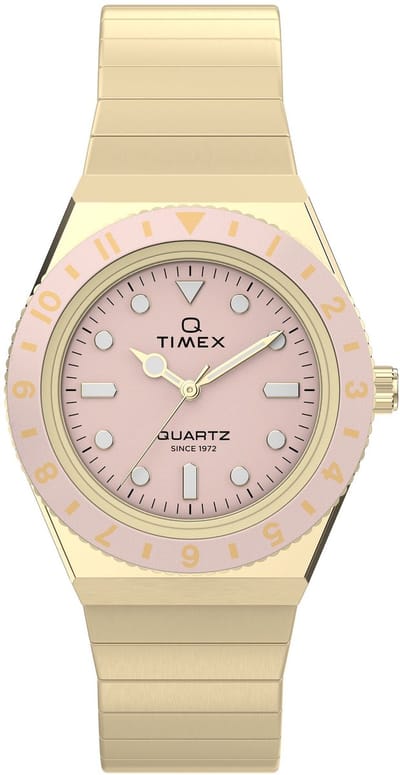 Timex Q Timex Mini Quartz Analoog Horloge Goudkleurig En Roze Kast Gemaakt Van 100% Roestvrij Staal En Een Armband Van 100% Roestvrij Staal 30 TW2Y57400AJ, TW2Y57500AJ, TW2Y77300AJ