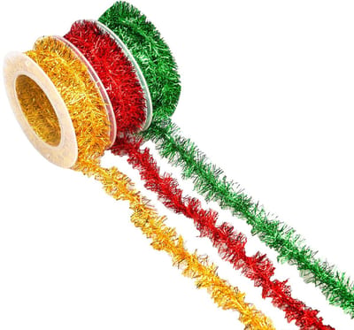 Dailygoods- Kerstslingers 3-Pack - Mini Katergoud - Rood/Groen/Goud - Metallic Slingers - Kerstboom Decoratie - Veiligheidswaarschuwing. - Kerstdecoratie