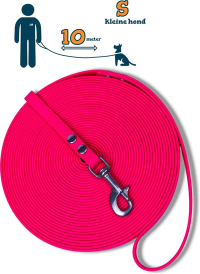 Miqdi lange lijn - BioThane – neon roze - 10 meter lang – 9mm breed – XS/S – kleine hond – lange hondenriem