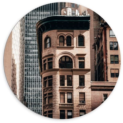 Dibond Wandcirkel - Gebouwen in de Stad - 100x100cm Foto op Aluminium Wandcirkel (met ophangsysteem)