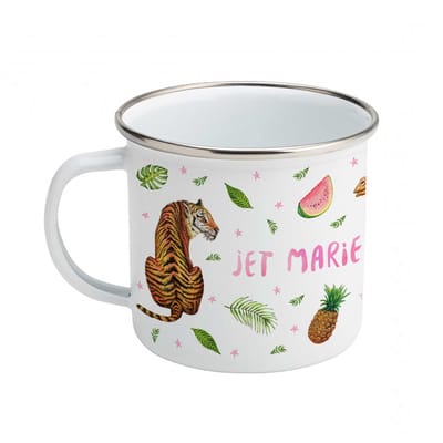 World of Mies emaille mok met naam - handgeschilderde kameel tijger olifant - gepersonaliseerd kraamcadeau