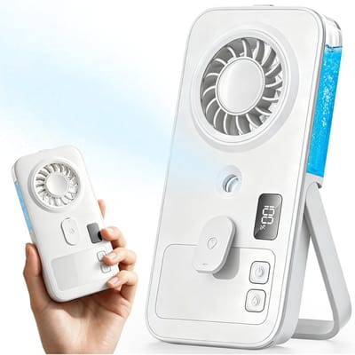 Draagbare mini-vernevelingsventilator – kleine, krachtige persoonlijke koelventilator met verneveling en koude luchtstroom; slank, licht en inklapbaar- oplaadbaar, 4 snelheden, met waterspray-geschikt voor in de hand of op het bureau- wit.