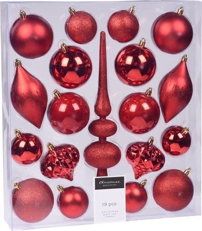 Compleet kerstballenpakket rode kunststof kerstballen met piek 19-delig
