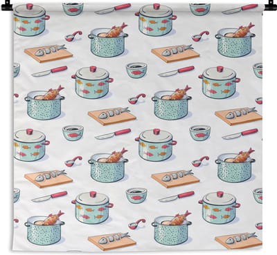 Wandkleed - Wanddoek - Patronen - Koken - Eten - Vis - Pan - 180x180 cm - Wandtapijt