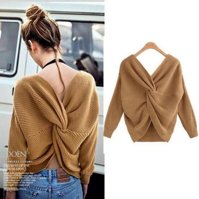 Dames Herfst Winter V-hals Trui Sexy Rugloos Omkeerbaar Pullovers Tops Mode Effen Onregelmatige Kruisknoop Breigoed One Size