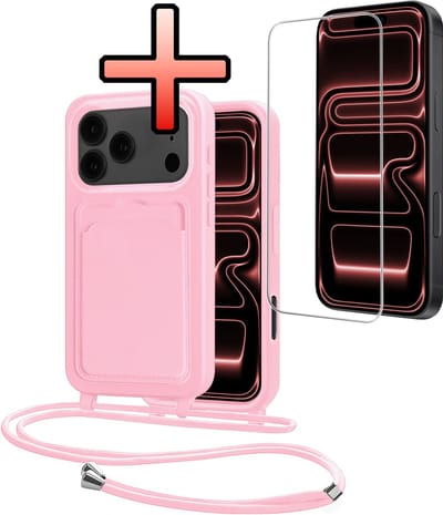 Hoes Geschikt voor iPhone 17 Pro Max Hoesje Pasjeshouder Cover Met Koord Case Siliconen Hoes Met Telefoonkoord en Kaarthouder Met Screenprotector - Lichtroze
